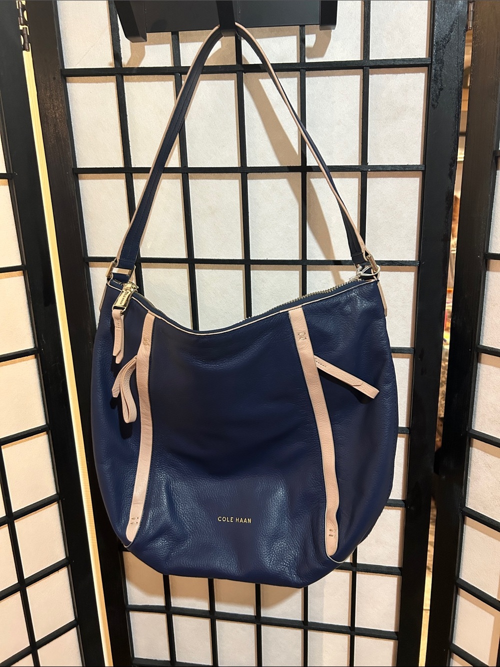 Cole Haan Navy Leather Hobo with Light Beige Trim